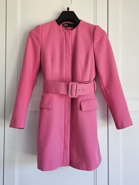 Zara Pink Belted Lined Snap Button Trench Jacket Dress Coat